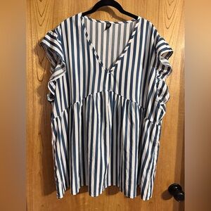 Blue and White Striped Ruffle Sleeve Women's 4X Top